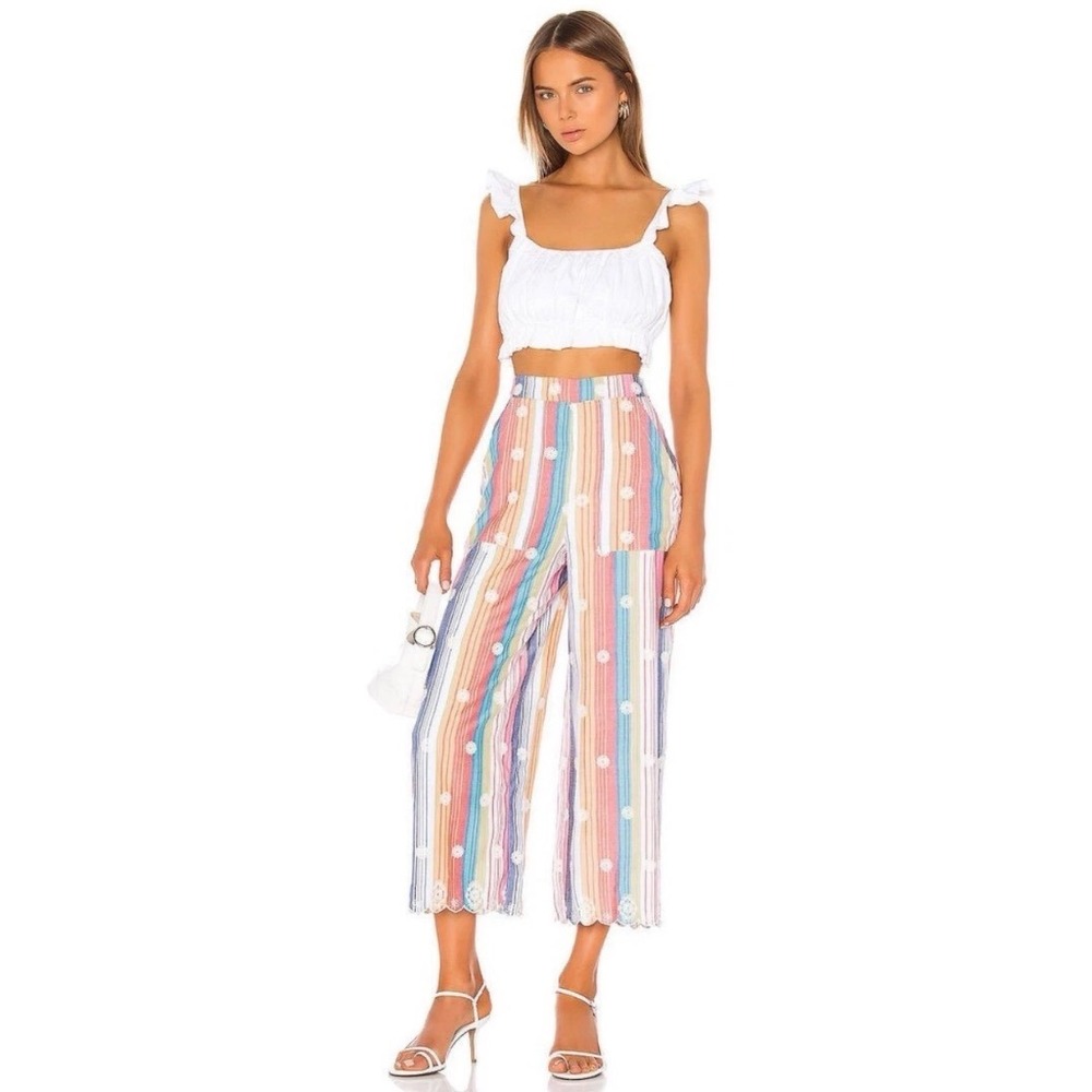 Tularosa Lois Wide Leg Stripe Embroidered Scalloped Hem Trouser Pant Multi Small